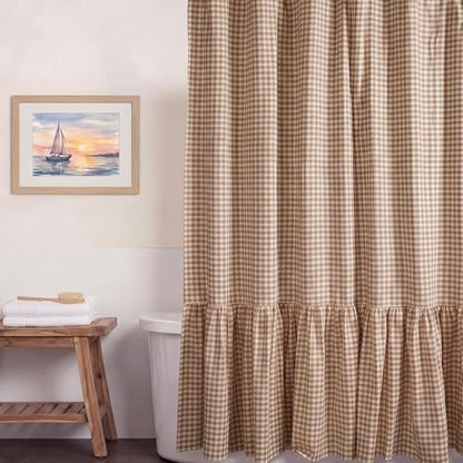 HunnmingRe Ruffle Hem Gingham Shower Curtain Taupe