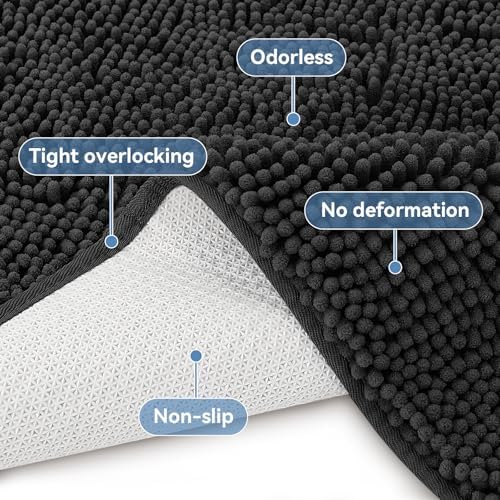 Bcoimo Bath Rug Mat, 70x24 Chenille Non Slip Black Long Bathroom Runner Rug