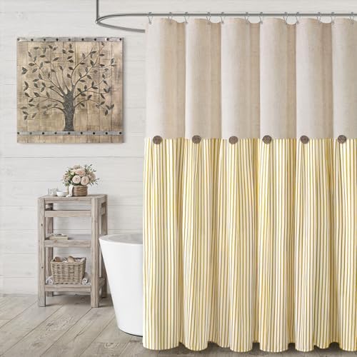 Farmhouse Shower Curtain Linen Button Yellow Stripe 72" W x 72" L