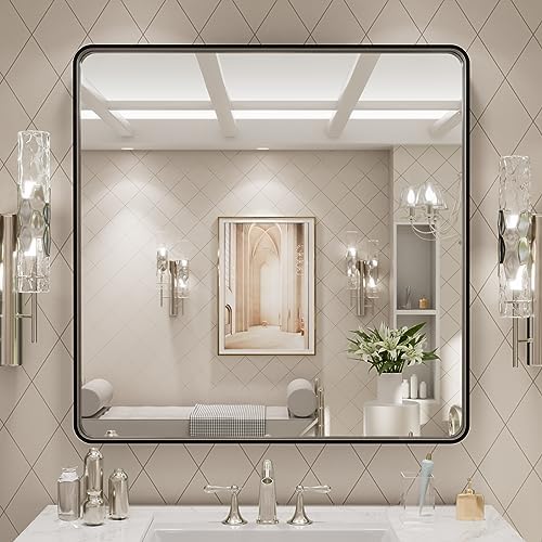 LOAAO 30x30 Inch Black Metal Framed Bathroom Mirror