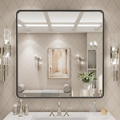 LOAAO 30x30 Inch Black Metal Framed Bathroom Mirror