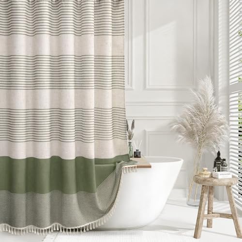 Sage Green Boho Linen Striped Shower Curtain with Tassel 72"W X 90"L
