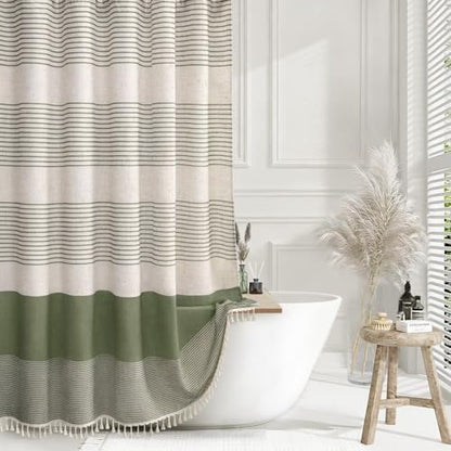 Sage Green Boho Linen Striped Shower Curtain with Tassel 72"W X 90"L