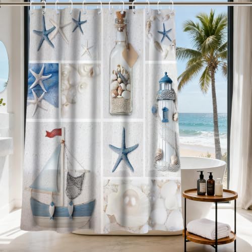 Beach Extra Long Shower Curtain Modern Ocean Nautical Summer Theme Fabric Nature Summer Bathroom Decor Sets with Grommets and Hooks 72 W x 84 H Inches Blue and White