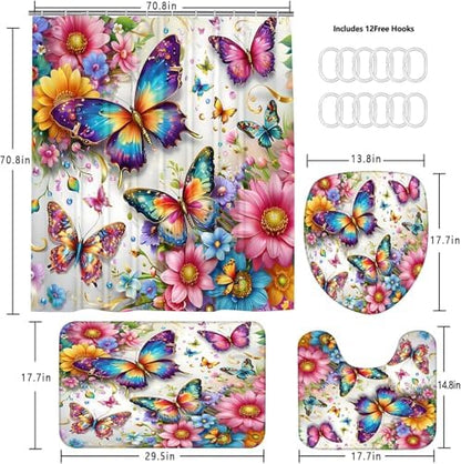 Chrainy 4pcs Colorful Butterfly Shower Cutain Set Bathroom Decor with Rugs