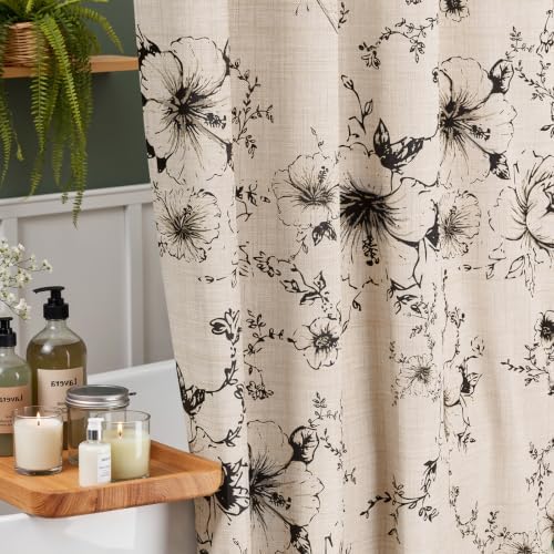 Vintage Black Floral Shower Curtain with 12 Clear Rings - 72" W x 84" L