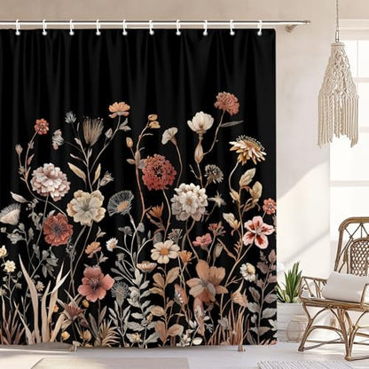 Vintage Boho Black Floral Shower Curtain, Beige Brown Cream Tan Rustic Farmhouse Flower Shower Curtain Set, Cute Botanical Wlidflowers Fabric Shower Curtains Decoration, 60X72 Bathroom Accessories