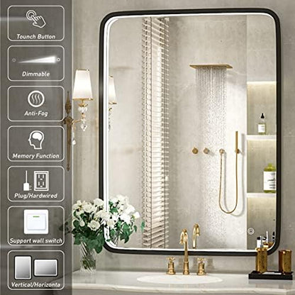 36x28 Inch LED Black Frame Bathroom Mirror,3 Color