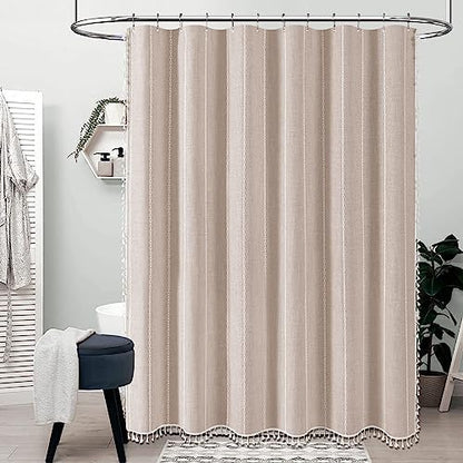 BTTN 60x72 Boho Farmhouse Linen Heavy Duty Shower Curtain Set, Tan/Taupe