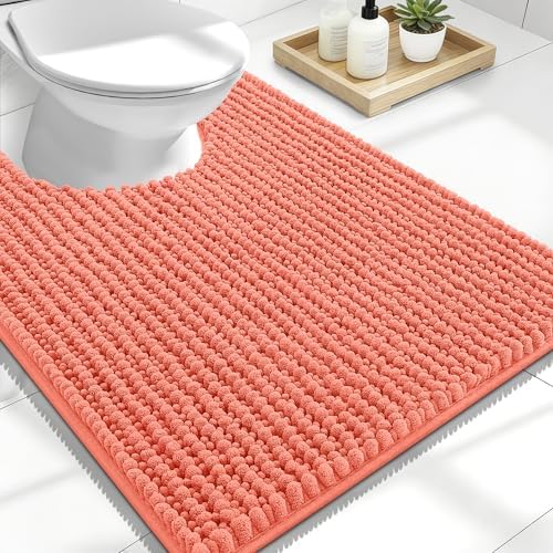 OLANLY Thick Chenille Toilet Rugs U-Shaped 24x20, Coral