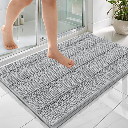 OLANLY Thick Bathroom Rugs 36x24, Chenille Striped Bath Rugs, Light Grey