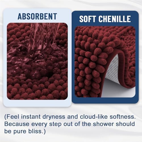 Grandaily Chenille Striped Bathroom Rugs 36x24, Extra Thick and Soft Absorbent Bath Mats, Rubber Backing, Plush Shaggy Shower Carpet, Machine Wash Dry, Bath Rug for Bathroom, Reddish Brown