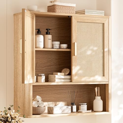 INNOD Rattan Bathroom Wall Cabinet with Open Compartments, Wall-Mounted Medicine Cabinet with Adjustable Wood Shelf & Doors, Over the Toilet Storage Cabinet for Laundry Room & Kitchen & Living Room