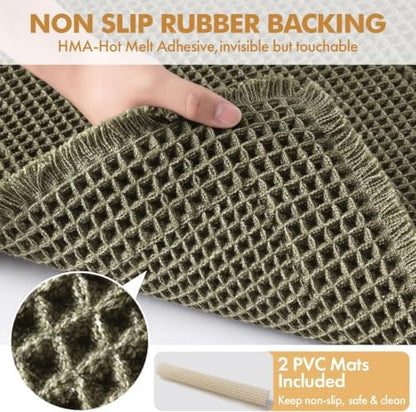 MIULEE Set of 2 Waffle Bathroom Rugs Boho Bath Mat Green 17"x24"+17"x48"