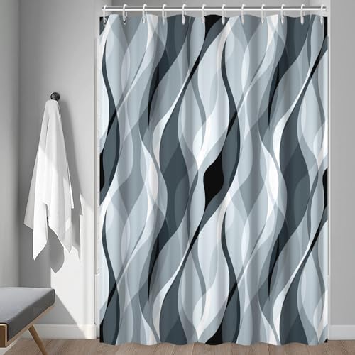 Blue Striped Shower Curtain with Hooks for Bathroom 72x72 Inch