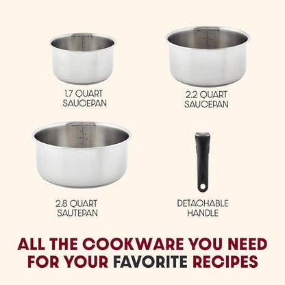 T-fal Ingenio Expertise Stainless Steel Cookware Set 4 Piece, Induction, Oven Safe, Stackable Cookware, Pots and Pans, RV, Camping, Frying Pans, Dishwasher Safe, Detachable/Removable Handle, Silver