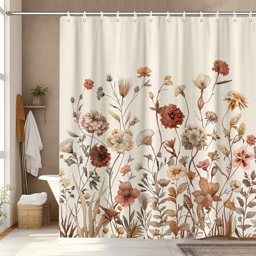 Vintage Boho Beige Floral Shower Curtain, Brown Cream Tan Rustic Farmhouse Flower Shower Curtain Set, Cute Botanical Wlidflowers Fabric Shower Curtains Decoration, 72X72 Aesthetic Bathroom Accessories