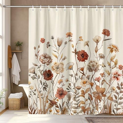 Vintage Boho Beige Floral Shower Curtain, Brown Cream Tan Rustic Farmhouse Flower Shower Curtain Set, Cute Botanical Wlidflowers Fabric Shower Curtains Decoration, 72X72 Aesthetic Bathroom Accessories