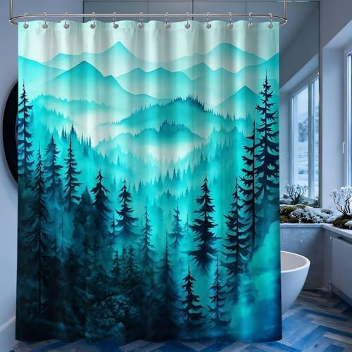 Dark Teal Forest Extra Long Shower Curtain, Tall 72X96 in, Mountain
