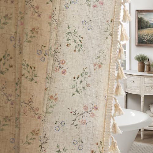 Floral Farmhouse Vintage Linen Shower Curtain with Tassel 72Wx72H