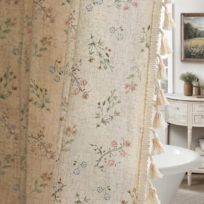 Floral Farmhouse Vintage Linen Shower Curtain with Tassel 72Wx78H