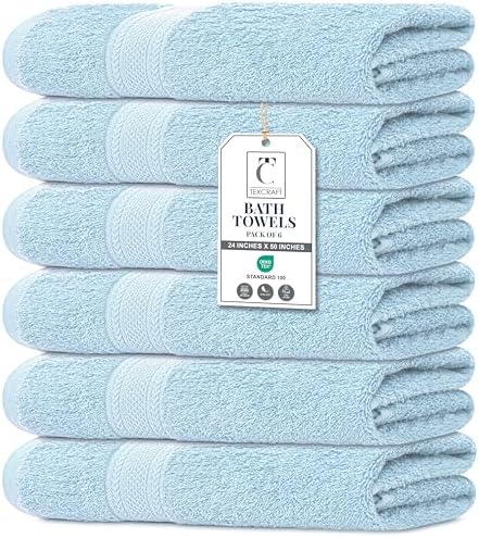 Large Bath Towels Set of 6 – 100% Cotton Terry – 24" x 50" – Quick Dry, Soft & Highly Absorbent – Sky Blue Towels for Bathroom, Gym, Spa, Pool & Daily Use