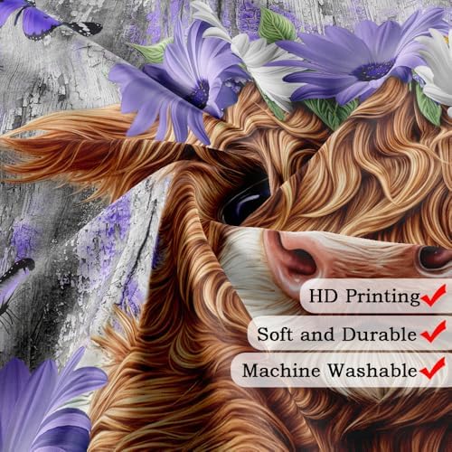 Cute Highland Cow Shower Curtain for Bathroom, Farmhouse Rustic Wooden Cattle Bathroom Decor Set, Funny Daisy Floral Flowers and Butterfly Waterproof Fabric Bath Curtains with 12 Hooks 47X64in