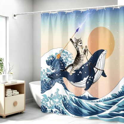 Aimego Funny Shower Curtain Brave Cat Holding Trident Riding Whale in Ocean Wave, Shark Cat Shower Curtain Set with 12 Hooks for Bathroom Decor Accessories Bathtub Curtain, 72"x72"