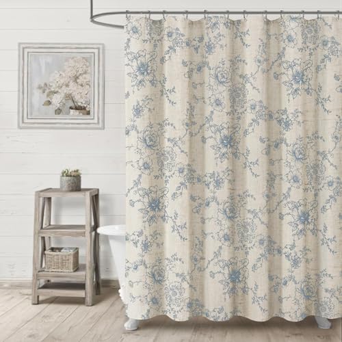 Farmhouse Floral Vintage Shower Curtain for Bathroom, Grey Blue and Tan