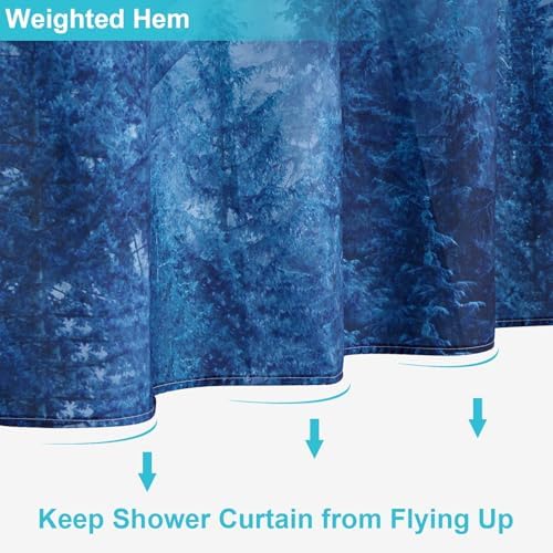 ORTIGIA Blue Shower Curtain for Bathroom, Misty Forest Nature Woodland Shower Curtain Set with Metal Hooks, Decorative Pine Tree Fog Magic Bath Curtain for Home, Waterproof Fabric, Weighted, 72x72