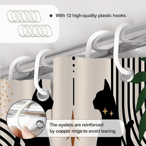 AWERT Boho Mid Century Shower Curtain Cute Cat Shower Curtain for Bathroom with Hooks Minimalist Abstract Waterproof Fabric 72x84inch