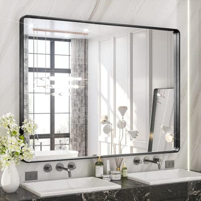 TETOTE 48 x 36 Inch Mirrors for Bathroom, Matte Black Framed Rectangular Large Modern Farmhouse Vanity Mirror for Wall Decor (Horizontal/Vertical)