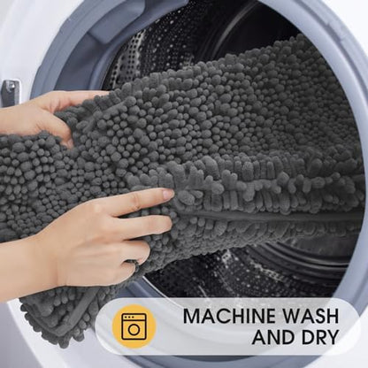 ACCUMTEK Upgrade Luxury Grey Bathroom Rug Mat Gray 48"x17", Ultra Soft Thick Absorbent Bath Mats, Non Slip Chenille Toilet Mat for Bathroom, Bedroom, Kitchen, Shower, Tub, Charcoal