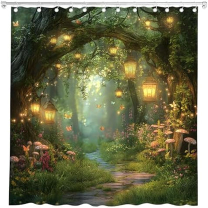 Fantasy Forest Path Shower Curtain Fairy Magical Enchanted Misty Jungle Mushroom Floral Tree Butterfly Lantern Wonderland Plant Bath Curtain Fabric Bathroom Accessories Decor with Hooks 70W x90L