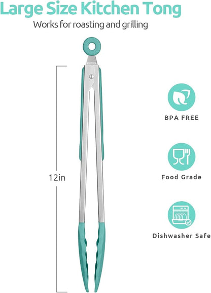 600ºF Heat Resistant Kitchen Tongs: U-Taste 12 in Large Silicone Cooking Tong with Sturdy Non Stick Rubber Tips & Silicon Coated 18/8 Stainless Steel Handle & Smooth Locking for Serving Grill-Aqua Sky