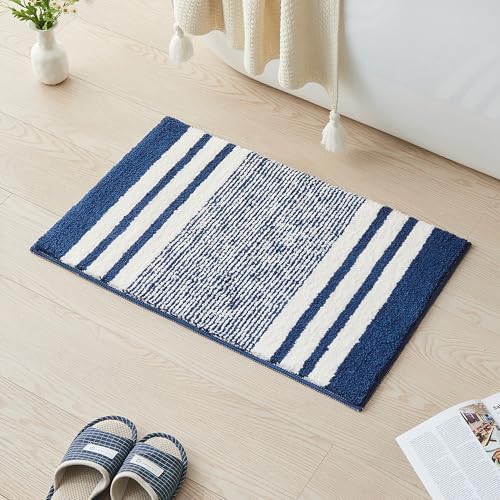 CozeCube Navy Blue Striped 36"x24" Non Slip Washable Bath Mat