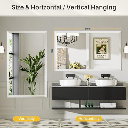 Briivue Bathroom Wall Mirror, White Metal Frame, 60x36 Inch