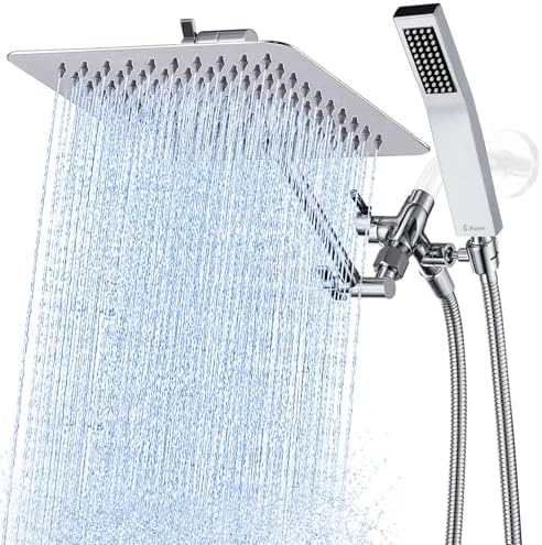 G-Promise All Metal 10" Dual Square Shower Head Combo | Rain Shower Head | Handheld Shower Wand | Adjustable | Smooth 3-Way Diverter | 71" Extra Long Hose - A Bathroom Upgrade (Chrome)