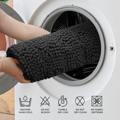Bcoimo Bath Rug Mat, 48x24 Chenille Non Slip Black Long Bathroom Runner Rug