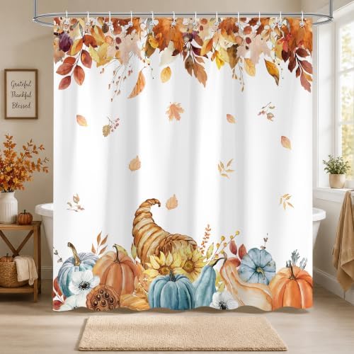 Harvest Pumpkin Shower Curtain, 72 x 84 Inch Watercolor Fall Bathroom Curtain with Autumn Leaves, Cornucopia and Blue Pumpkin Design, Farmhouse Bath Decor