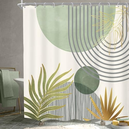 Mid Century Mint Green Boho Abstract Modern Bathroom Shower Curtain Set