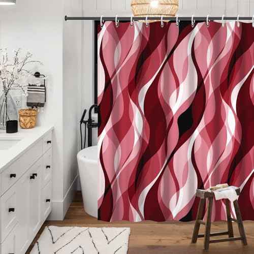 Red Striped Shower Curtain with Hooks for Bathroom 72x72 Inch