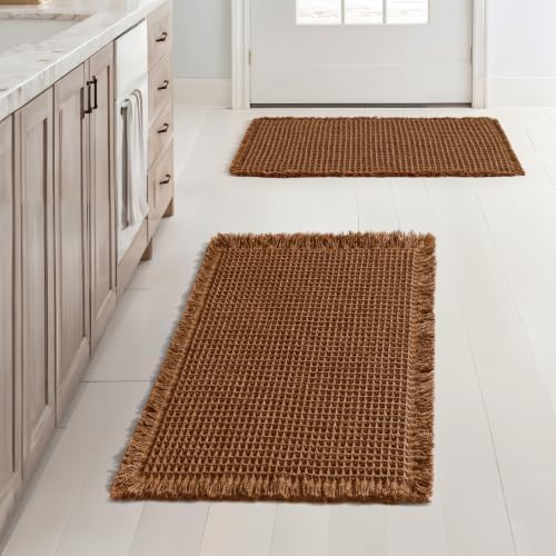 MIULEE Set of 2 Waffle Bathroom Rugs Boho Bath Mat Caramel 17x24 Inch