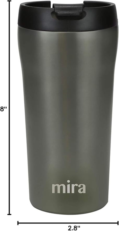 MIRA 16 oz Coffee Travel Mug - Stainless Steel Insulated Tumbler with Leak-Proof Lid - Hot & Cold Cup - Gray Satin