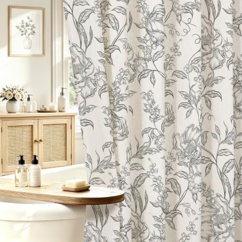 Black Boho Linen Fabric Shower Curtain , Farmhouse Floral For Bathroom