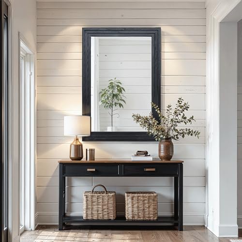Farmhouse Rustic Wood Framed Bathroom Vanity Mirror for Wall, 26x38, Black