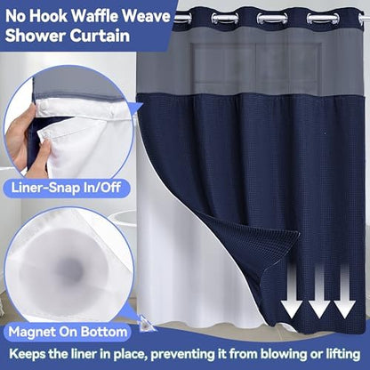 Conbo Mio Extra Long No Hook Waffle Weave Shower Curtain with Snap in Liner Set, Hotel Luxury Navy Blue Shower Curtains for Bathroom with See Through Top Window, Waterproof, Washable 71W x 84H