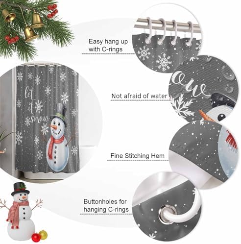 Christmas Snowman Shower Curtain Bathroom Set Xmas Snowflakes Gray Waterproof Shower Curtains with Grommets Hooks Winter Snow Privacy Bath Curtain for Bathtub Decor 48x72in