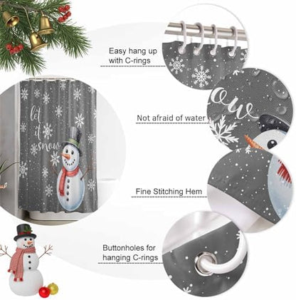 Christmas Snowman Shower Curtain Bathroom Set Xmas Snowflakes Gray Waterproof Shower Curtains with Grommets Hooks Winter Snow Privacy Bath Curtain for Bathtub Decor 60x72in