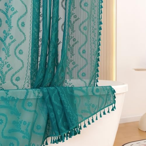 WAZZIO Teal Lace Shower Curtain for Bathroom 72" W x 72" L, Victorian Farmhouse Floral Pattern Tassel Fancy Shower Curtain Boho Washable Cloth Decorative Bath Curtains,1 Panel,Turquoise